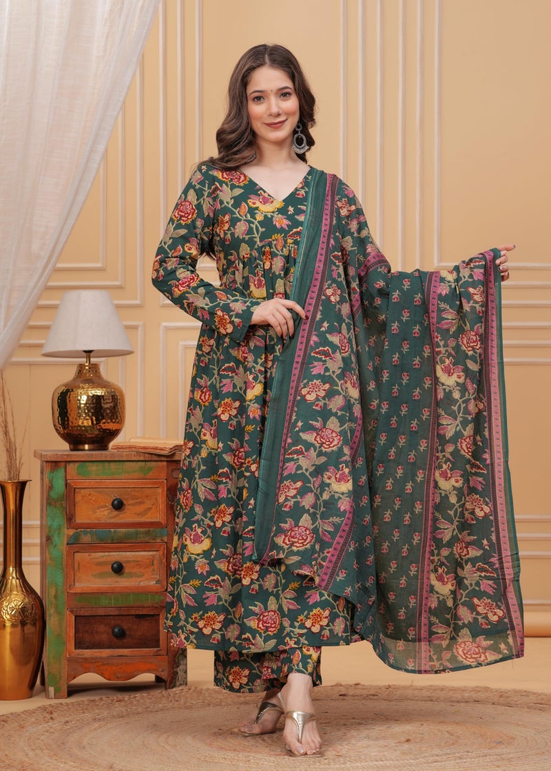 MEERA FAB Women Cotton Blend V-Neck Anarkali Printed Kurta with Palazzo & Dupatta, Green, Small - Image 2
