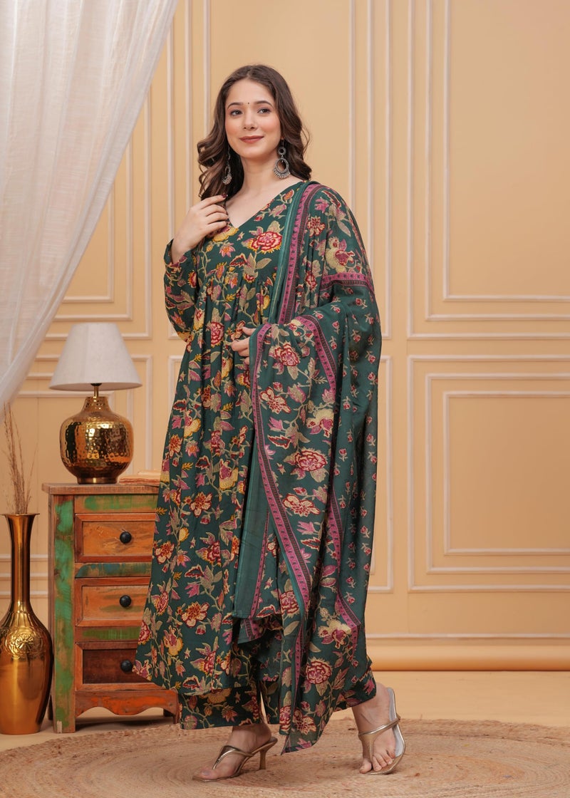 MEERA FAB Women Cotton Blend V-Neck Anarkali Printed Kurta with Palazzo & Dupatta, Green, Small - Image 5