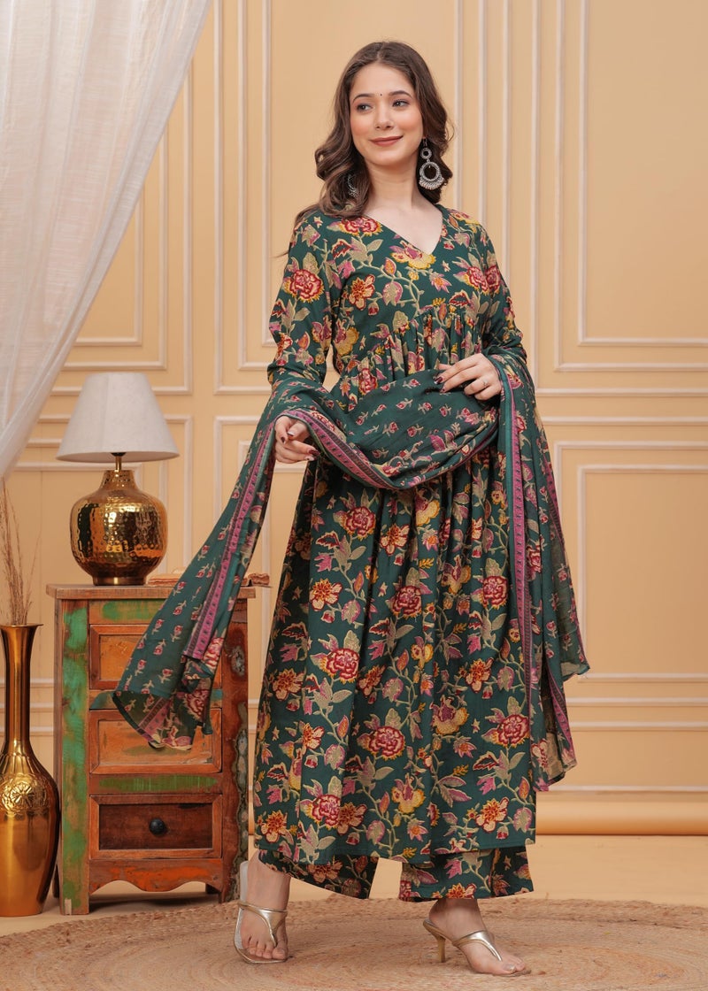 MEERA FAB Women Cotton Blend V-Neck Anarkali Printed Kurta with Palazzo & Dupatta, Green, Small - Image 3