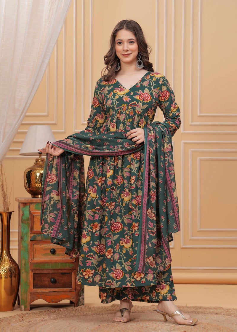 MEERA FAB Women Cotton Blend V-Neck Anarkali Printed Kurta with Palazzo & Dupatta, Green, Small - Image 4