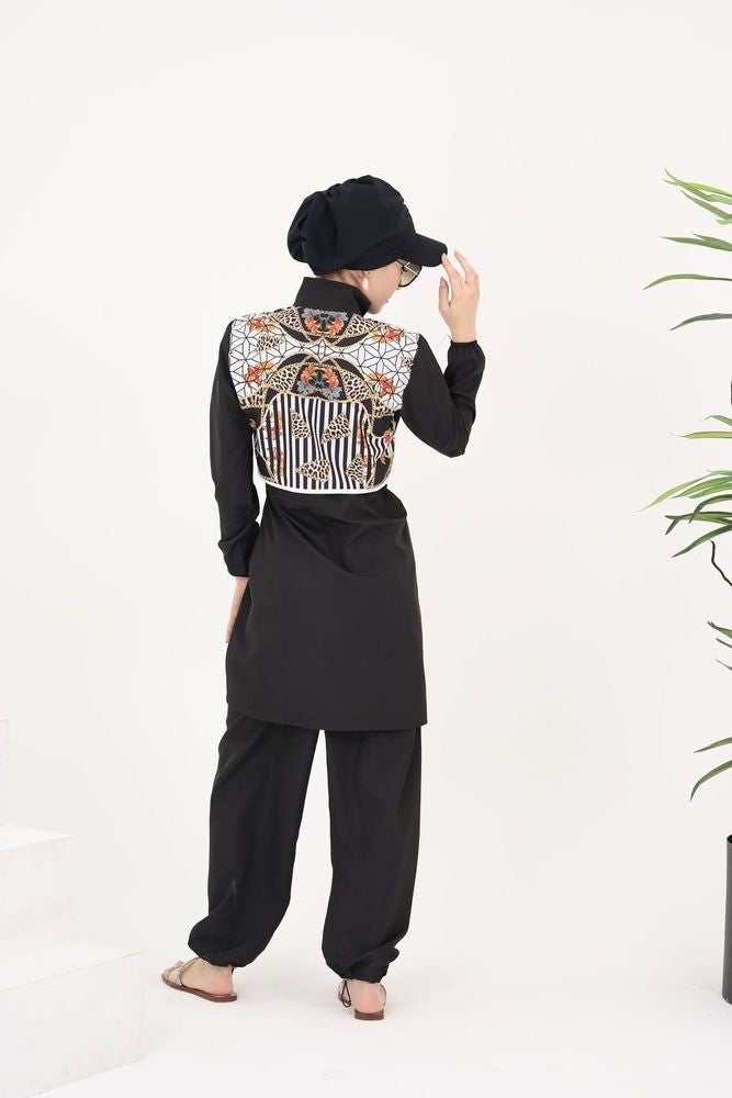 NS Tasarım NS Design Sabrina Mosaic Patterned Hijab Parachute Two Piece Swimsuit Set 364  - Image 4