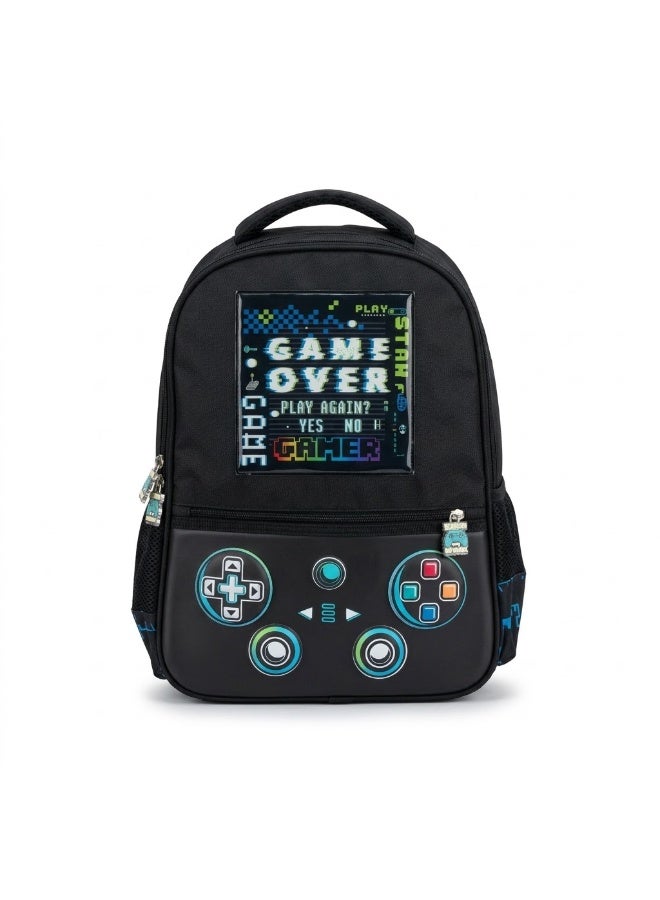 16-Inch Gaming Theme School Backpack "Gamer / Game Over" - Black - Image 1