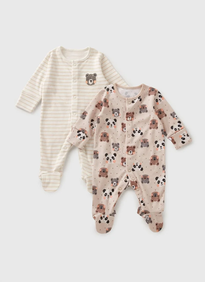 Matalan 2 Pack Baby Beige Panda Stripe Sleepsuits