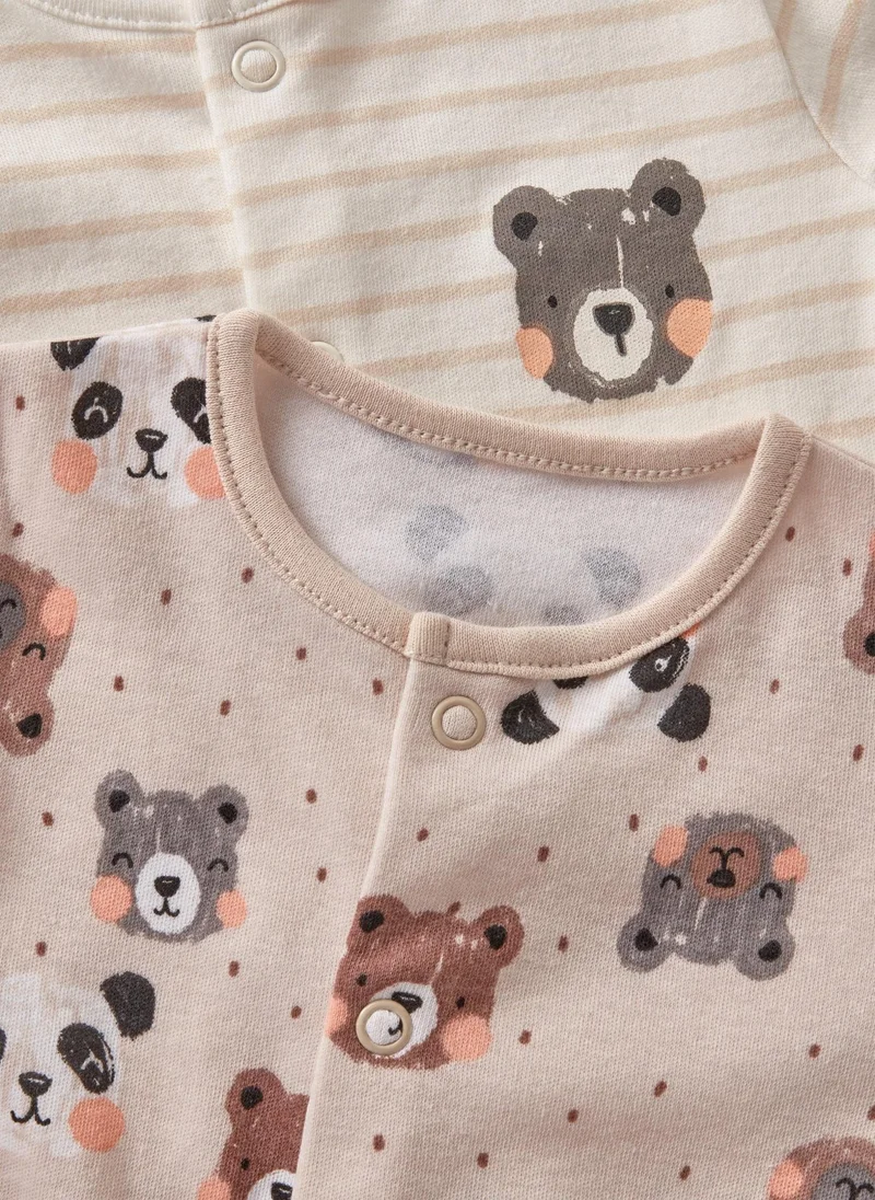 Matalan 2 Pack Baby Beige Panda Stripe Sleepsuits