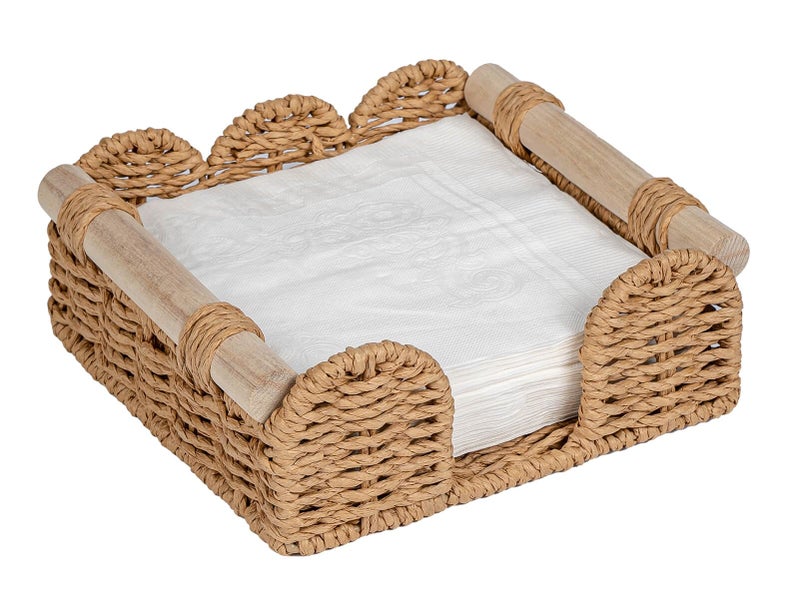 CubesLand Scalloped Napkin Holder for Table, Farmhouse Warming Home Kitchen Decor, Paper Rope Flat Napkin Dispenser Guest Towel Tray for Bathroom, Disposable Napkin Basket for Dining Table, Neutral - Image 1