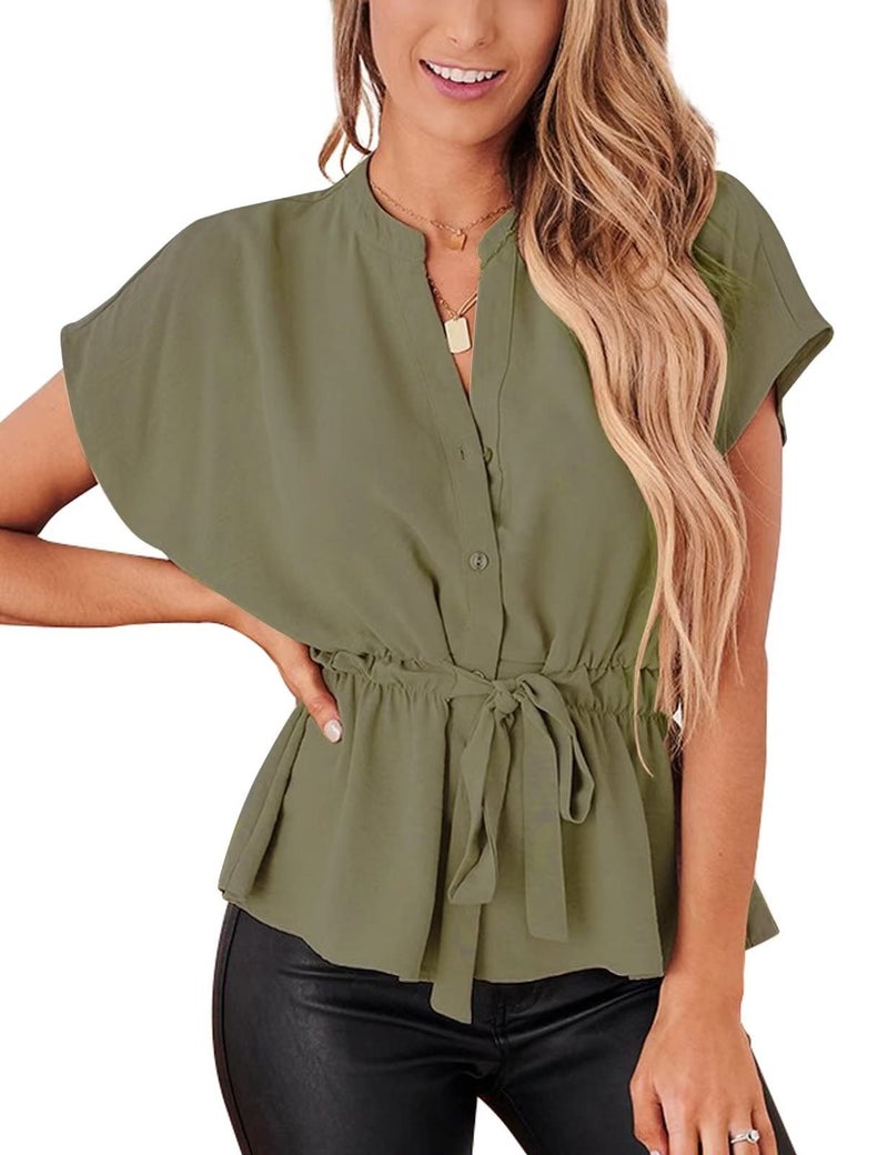 CiCiBird Womens Button Down Blouses Casual Peplum Summer Tops Dressy Chiffon Work Blouse Olive Green - Image 3