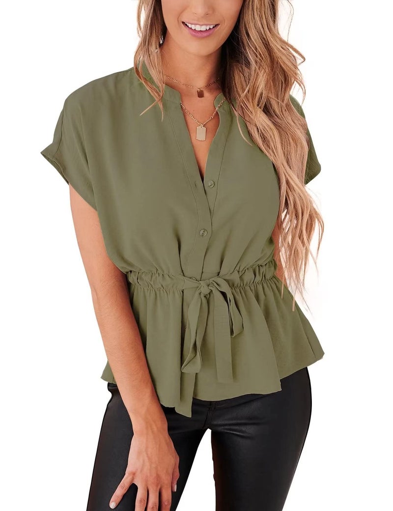 CiCiBird Womens Button Down Blouses Casual Peplum Summer Tops Dressy Chiffon Work Blouse Olive Green - Image 1