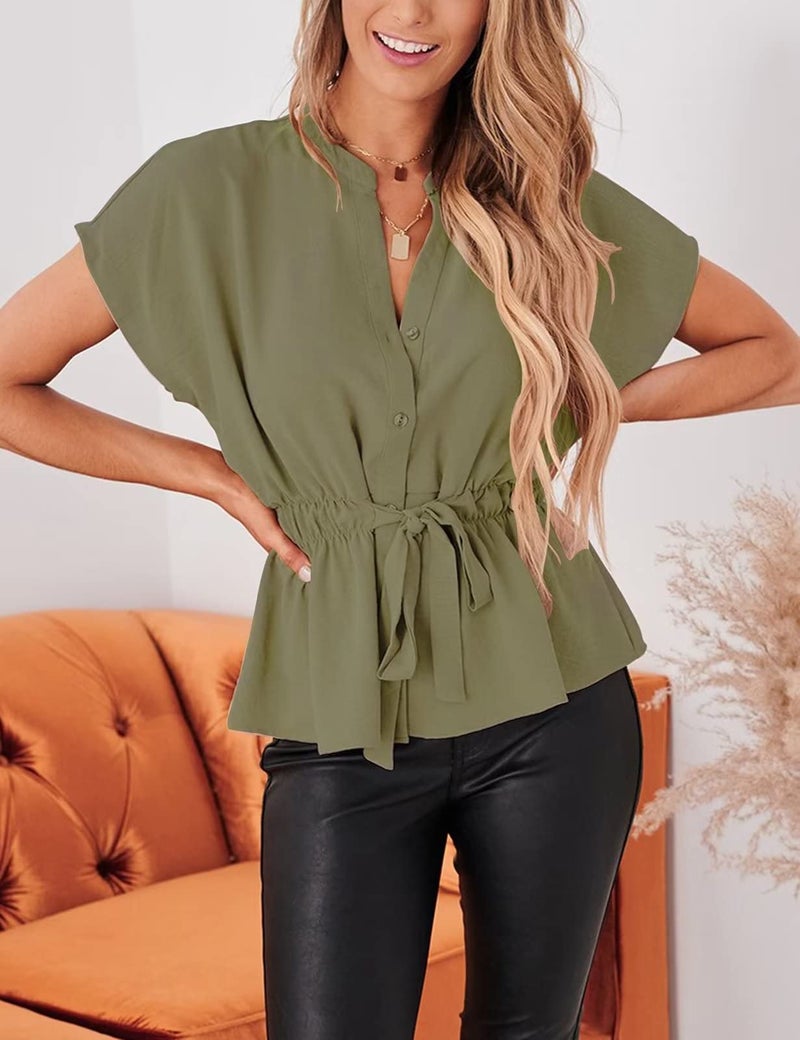 CiCiBird Womens Button Down Blouses Casual Peplum Summer Tops Dressy Chiffon Work Blouse Olive Green - Image 4