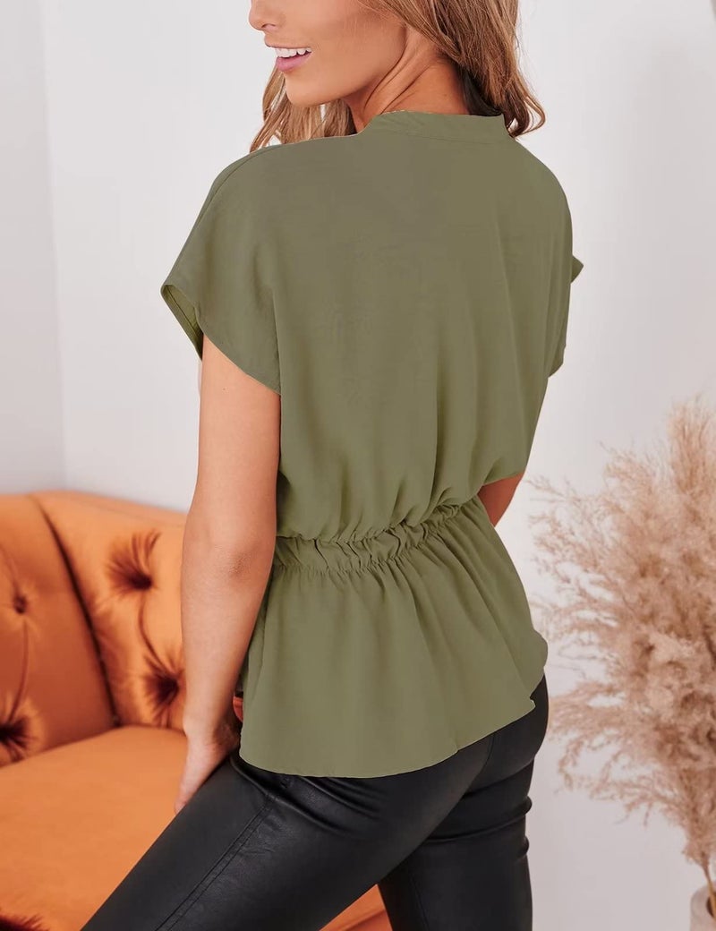 CiCiBird Womens Button Down Blouses Casual Peplum Summer Tops Dressy Chiffon Work Blouse Olive Green - Image 2