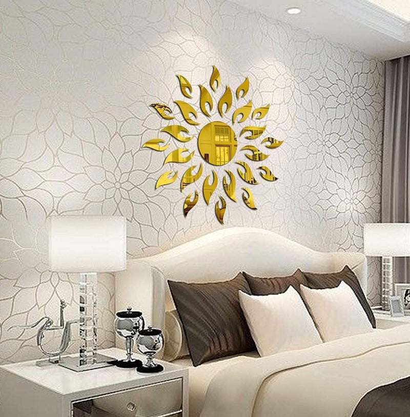 WallDaddy Sun Wall Stickers for Home Sun Mirror Wall Decor Sticker 3D Wall Stickers for Home Decoration | Sun Flames Acrylic Mirror Sticker Size 45x45Cm Sun Wall Mirror Sticker for Living Room (Gold) - Image 1