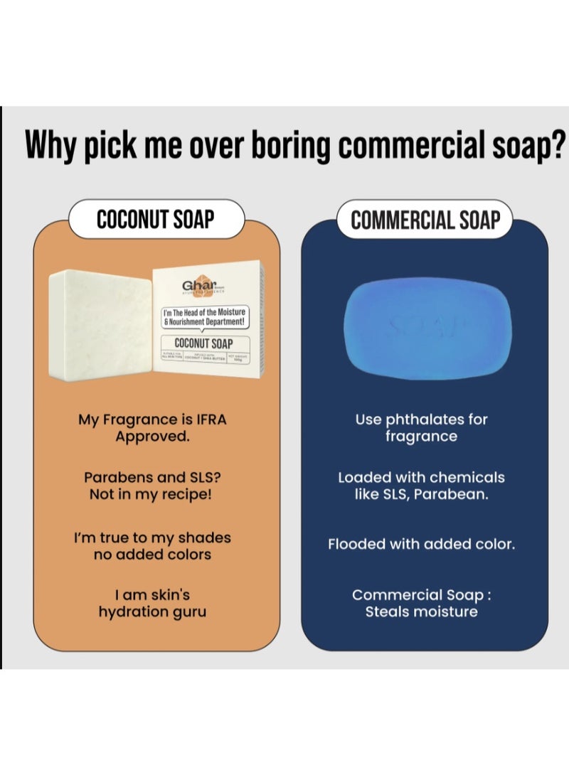 Ghar Soap Natural Handmade Coconut Soap Bar – Moisturizing & Nourishing Skin Care Bar –Deep Hydration for Dry & Sensitive Skin – Chemical-Free for Face & Body – 100g - Image 3