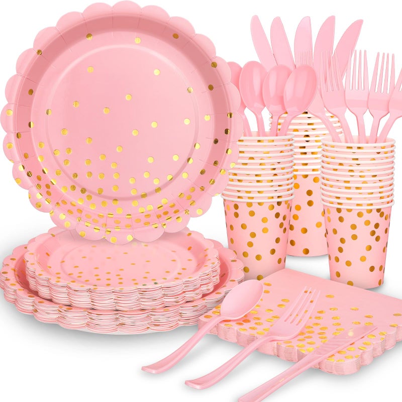 LOOWVY 175 PCS Pink and Gold Party Supplies  Pink Paper Plates and Napkins Sets Serves 25  Scalloped Disposable Plates  Light Pink Party Plates for Girl Wedding Graduation Birthday Decorations - Image 1