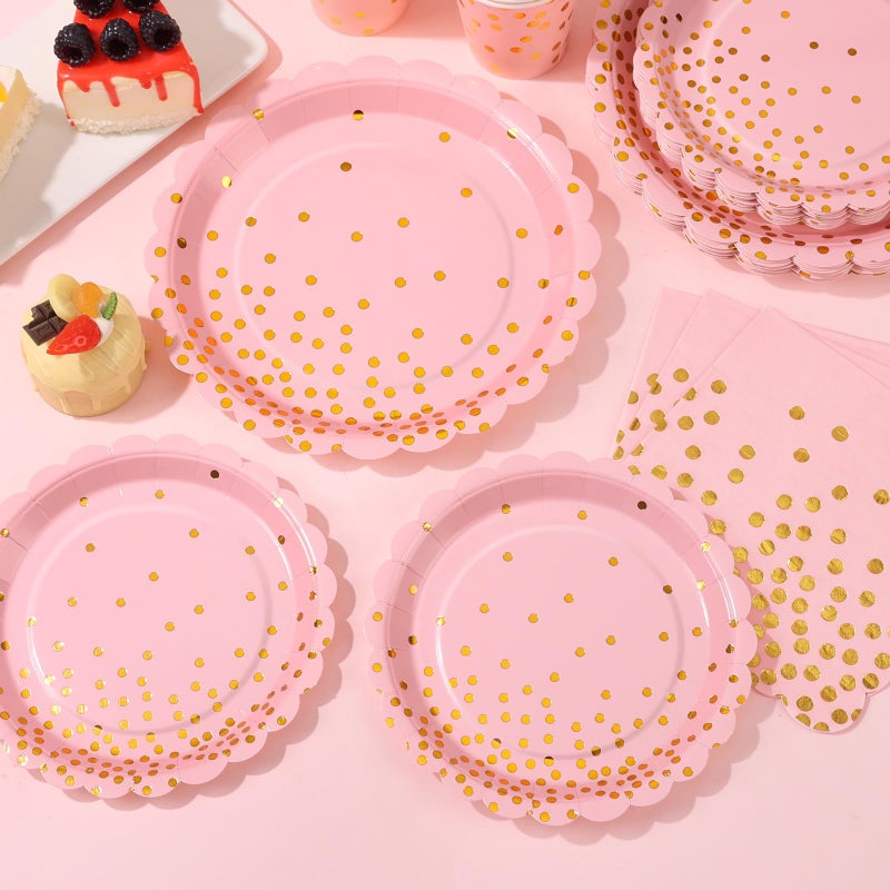 LOOWVY 175 PCS Pink and Gold Party Supplies  Pink Paper Plates and Napkins Sets Serves 25  Scalloped Disposable Plates  Light Pink Party Plates for Girl Wedding Graduation Birthday Decorations - Image 3