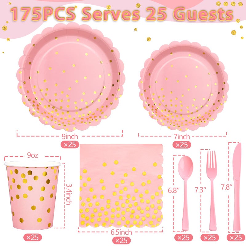 LOOWVY 175 PCS Pink and Gold Party Supplies  Pink Paper Plates and Napkins Sets Serves 25  Scalloped Disposable Plates  Light Pink Party Plates for Girl Wedding Graduation Birthday Decorations - Image 2
