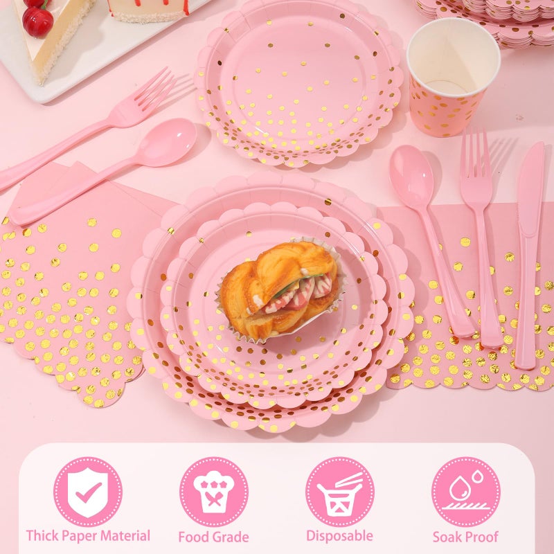 LOOWVY 175 PCS Pink and Gold Party Supplies  Pink Paper Plates and Napkins Sets Serves 25  Scalloped Disposable Plates  Light Pink Party Plates for Girl Wedding Graduation Birthday Decorations - Image 5