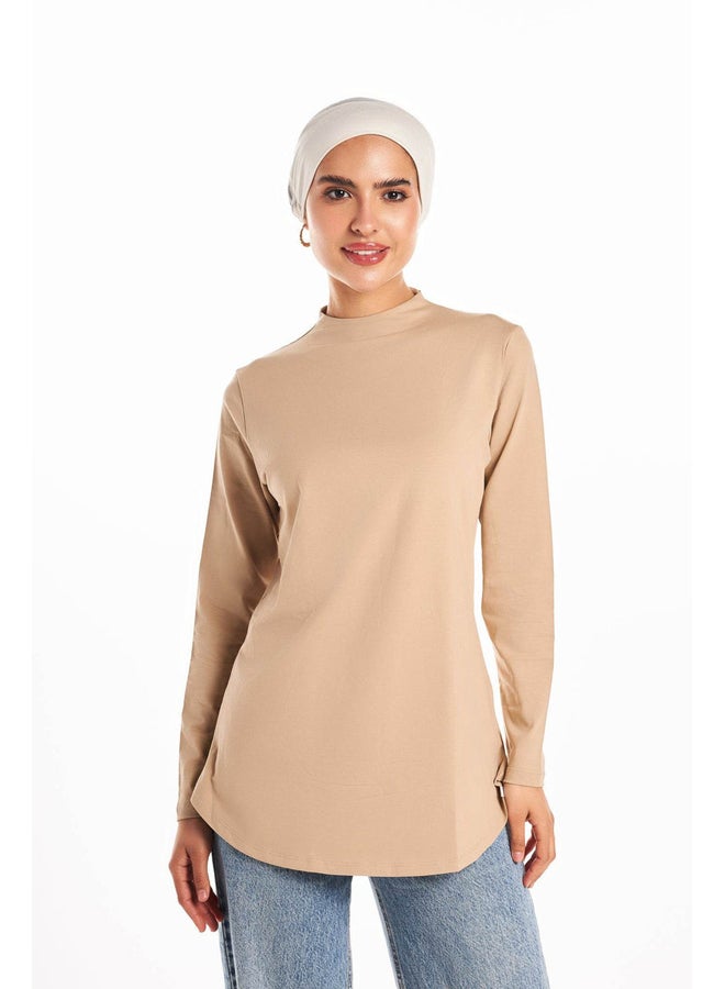 Breathe double layer long fit long sleeves basic t-shirt for women-Dark Beige - Image 2