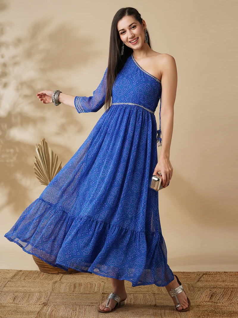 جلو باص Globus Women Bandhani Print & Embroidered One Shoulder Fit & Flared Maxi Dress