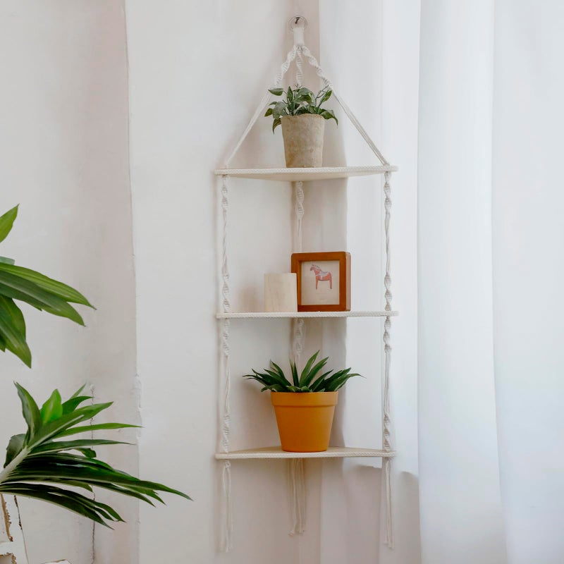 Artilady Macrame Corner Shelf Wall Hanging - 3 Tier White Floating Shelves Plant Corner Wall Decor, Boho Rustic Wood Plant Storage Rack for Bedroom Living Room Bathroom - Image 1
