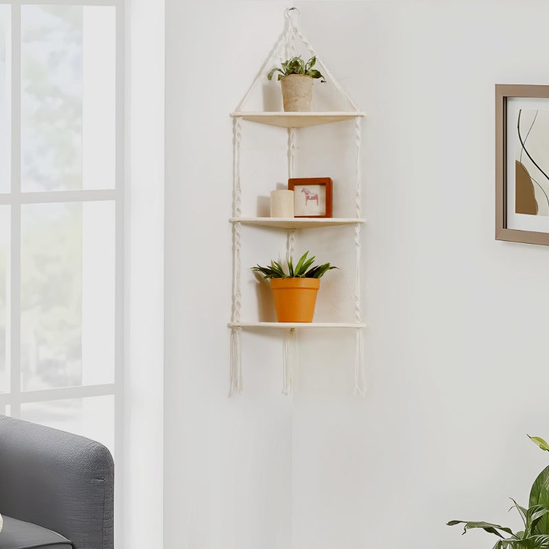 Artilady Macrame Corner Shelf Wall Hanging - 3 Tier White Floating Shelves Plant Corner Wall Decor, Boho Rustic Wood Plant Storage Rack for Bedroom Living Room Bathroom - Image 2