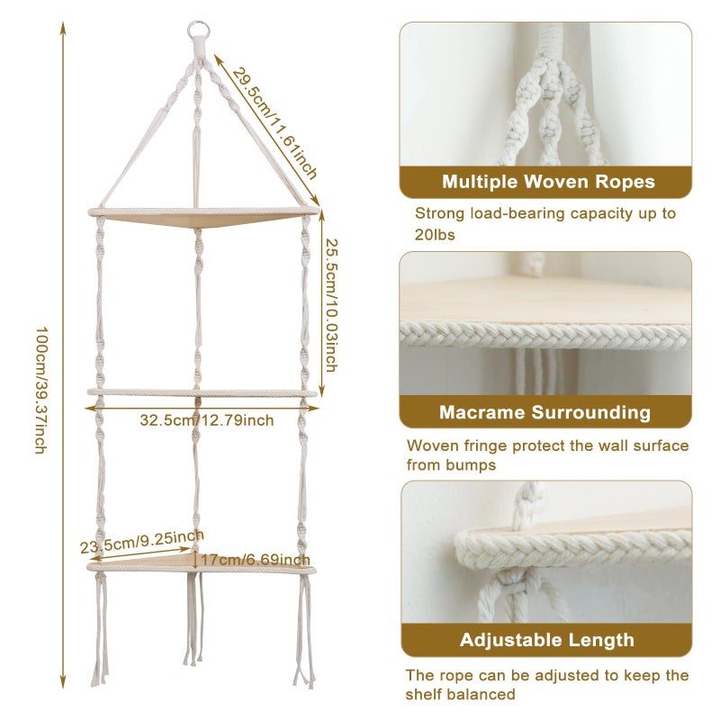 Artilady Macrame Corner Shelf Wall Hanging - 3 Tier White Floating Shelves Plant Corner Wall Decor, Boho Rustic Wood Plant Storage Rack for Bedroom Living Room Bathroom - Image 3