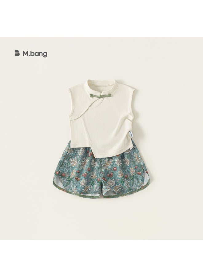 Bangxuan Children's Clothing Girls' Outfit Summer New Chinese Style Sleeveless Top Floral Wide-leg Pants Kids Two-piece Set Retro Style