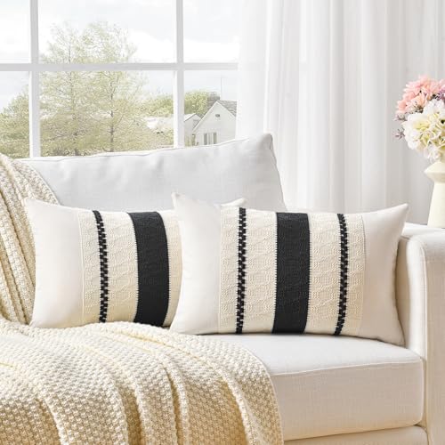 Fancy Homi Set of 2 Boho Black Lumbar Decorative Throw Pillow Cover 12x20 Inch for Couch Bed Sofa Chair Modern Organic Farmhouse Home Decor Soft Cotton Cute Accent Rectangle Cushion Case - Image 1