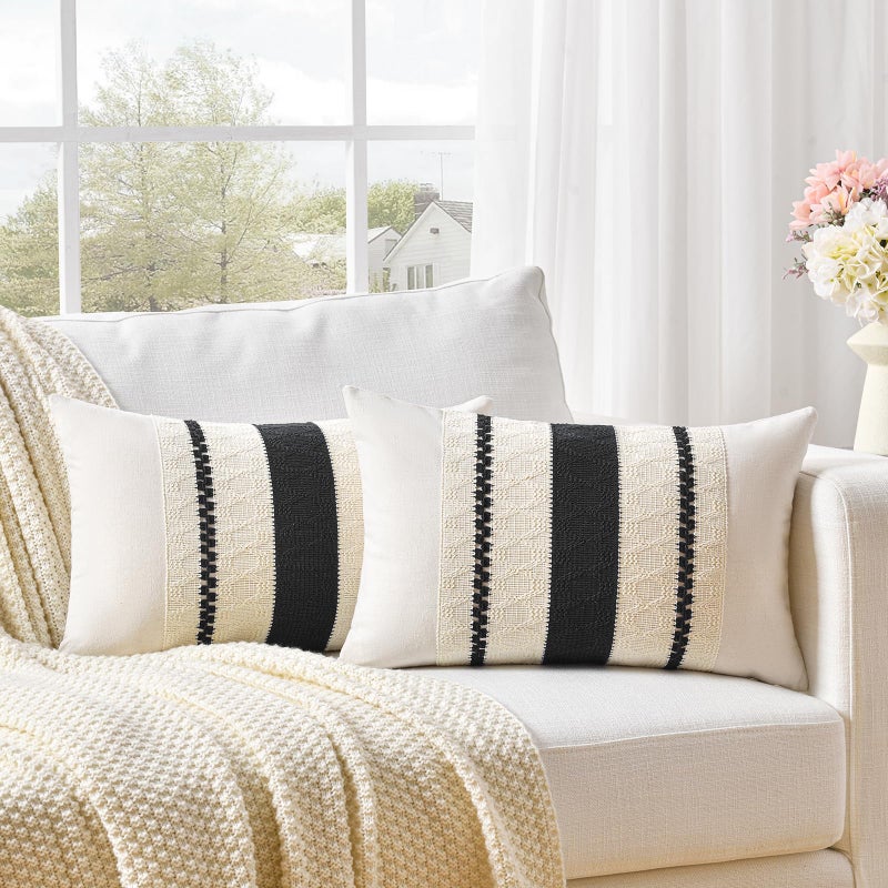 Fancy Homi Set of 2 Boho Black Lumbar Decorative Throw Pillow Cover 12x20 Inch for Couch Bed Sofa Chair Modern Organic Farmhouse Home Decor Soft Cotton Cute Accent Rectangle Cushion Case - Image 2