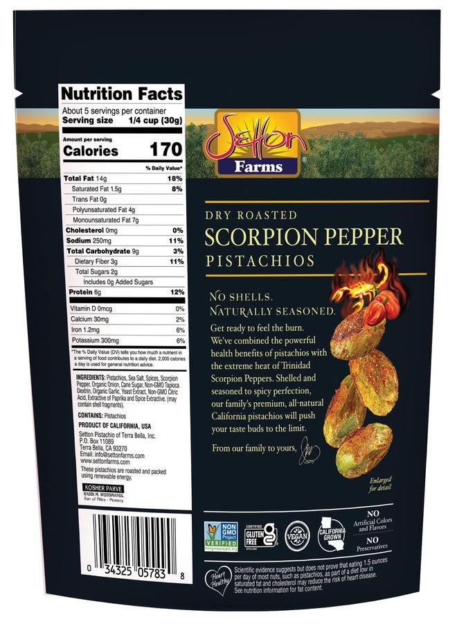Setton Farms Pistachios, Scorpion Pepper Extreme Flavor, Naturally Seasoned, Dry Roasted No Shell, Non-GMO Project Verified, Gluten Free, Vegan, Kosher, 5 Oz - Image 2