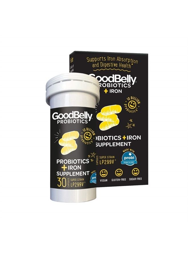 GoodBelly مكمل بروبيوتيك لصحة الجهاز الهضمي وامتصاص الحديد - يحتوي على 10 مليار من الثقافات الحية والنشطة من لاكتوباسيلس بلانتاروم - بروبيوتيك نباتي (30 كبسولة لكل زجاجة) - Image 1