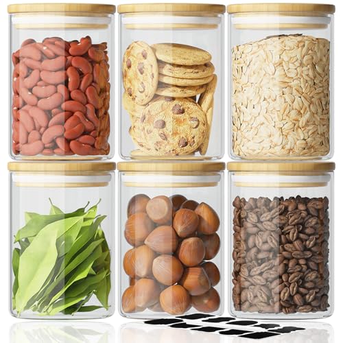 SODSAI 6 Piece Glass Storage Jars Set with Airtight Bamboo Lids and Labels,18.6oz/550ml Glass Spice Jars Food Storage Containers for Home Kitchen,Pantry, Tea, Sugar, Salt, Coffee, Flour, Herbs, Grains - Image 1