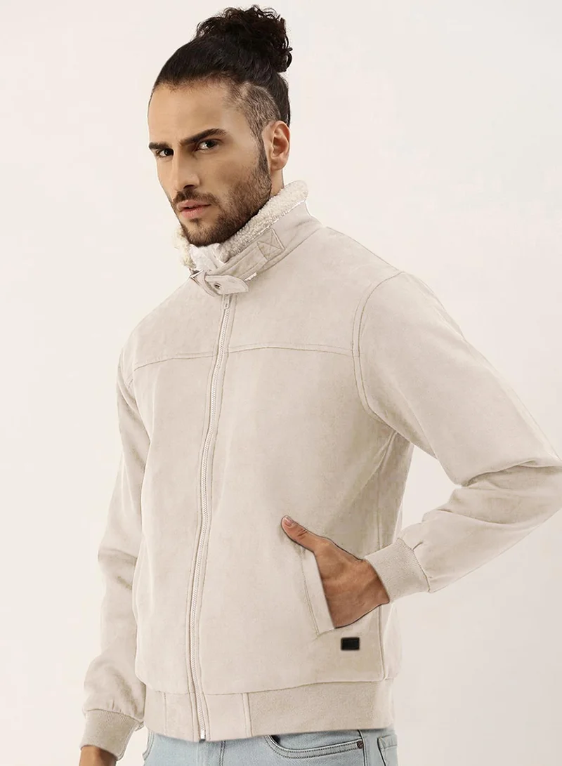 CAHOOT White Men's Off-White Fur-Lined Suede Bomber Jacket for Men | Best Price UAE