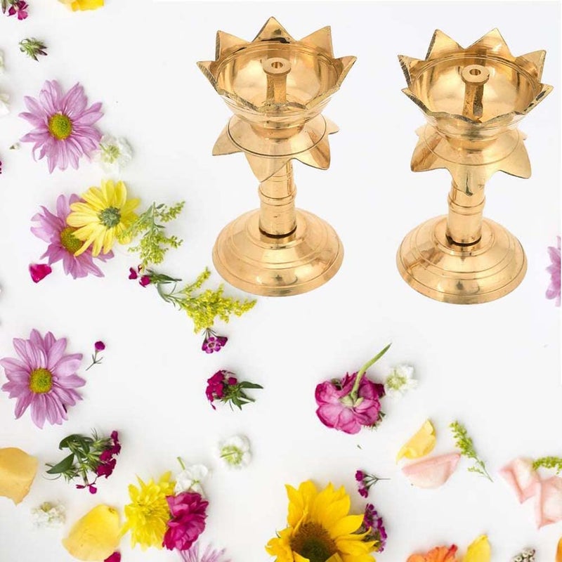Effigy onlinehub Effigy onlinehub Pure Brass Diya for Puja Temaple Decoration Lotus Shape Pillar Stand Oil Lamp Home Mandir Pooja Articles Decor Gifts Diya Kuber Deepam Deepak Height 4 Inch Gold Color2 Pieces  - Image 2