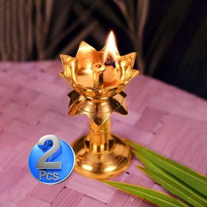 Effigy onlinehub Effigy onlinehub Pure Brass Diya for Puja Temaple Decoration Lotus Shape Pillar Stand Oil Lamp Home Mandir Pooja Articles Decor Gifts Diya Kuber Deepam Deepak Height 4 Inch Gold Color2 Pieces  - Image 4