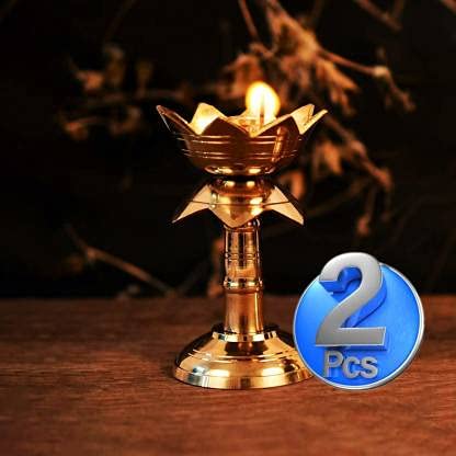 Effigy onlinehub Effigy onlinehub Pure Brass Diya for Puja Temaple Decoration Lotus Shape Pillar Stand Oil Lamp Home Mandir Pooja Articles Decor Gifts Diya Kuber Deepam Deepak Height 4 Inch Gold Color2 Pieces  - Image 3