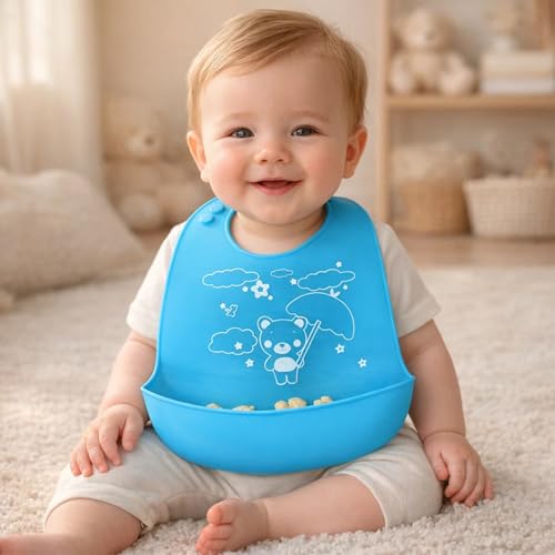 BabyGo مريلة بيبي جو السيليكون للأطفال للتغذية والفطام | مقاومة للماء، قابلة للغسل وإعادة الاستخدام | مريلة قابلة للتعديل، خفيفة الوزن وقابلة للطي مع جيب لالتقاط الطعام | أزرق فاتح (عبوة من 1) - Image 1