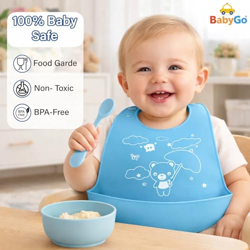 BabyGo مريلة بيبي جو السيليكون للأطفال للتغذية والفطام | مقاومة للماء، قابلة للغسل وإعادة الاستخدام | مريلة قابلة للتعديل، خفيفة الوزن وقابلة للطي مع جيب لالتقاط الطعام | أزرق فاتح (عبوة من 1) - Image 5