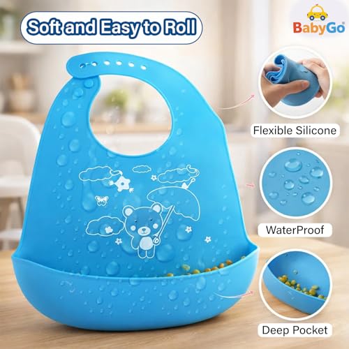 BabyGo مريلة بيبي جو السيليكون للأطفال للتغذية والفطام | مقاومة للماء، قابلة للغسل وإعادة الاستخدام | مريلة قابلة للتعديل، خفيفة الوزن وقابلة للطي مع جيب لالتقاط الطعام | أزرق فاتح (عبوة من 1) - Image 4