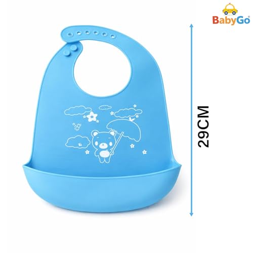 BabyGo مريلة بيبي جو السيليكون للأطفال للتغذية والفطام | مقاومة للماء، قابلة للغسل وإعادة الاستخدام | مريلة قابلة للتعديل، خفيفة الوزن وقابلة للطي مع جيب لالتقاط الطعام | أزرق فاتح (عبوة من 1) - Image 3