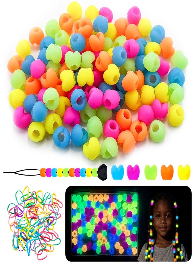 Jyukan 100Pcs Glow in The Dark Silicone Heart Hair Beads for Kids, Soft Colorful Rubber Pony Beads for Hair Braiding, Bracelet Making, DIY Jewelry Crafts, Keychains with Rubber Band and Quick Beader - Image 1