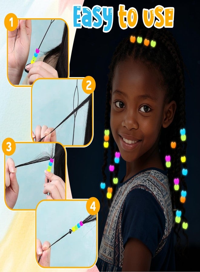 Jyukan 100Pcs Glow in The Dark Silicone Heart Hair Beads for Kids, Soft Colorful Rubber Pony Beads for Hair Braiding, Bracelet Making, DIY Jewelry Crafts, Keychains with Rubber Band and Quick Beader - Image 4