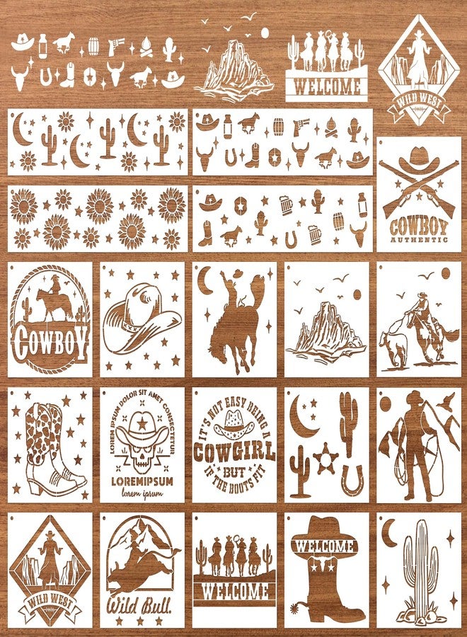 Keluna Western Cowboy Painting Stencils - 20 Pcs Reusable Stencils for Painting on Wood, Cowgirl Stencils Painting Template, Western Landscape Scene Stencils for Wood Burning, Cactus Painting Stencils - Image 1