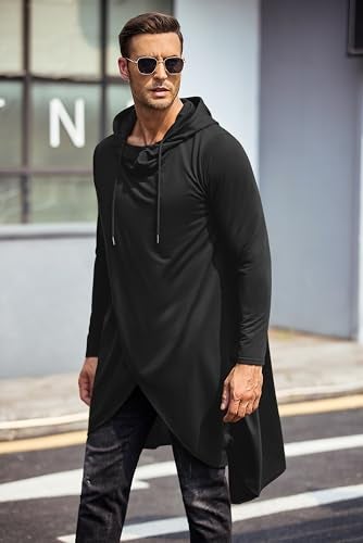 COOFANDY Mens Casual Hooded Poncho Cape Cloak Irregular Hem Hoodie Pullover Black XX-Large - Image 3