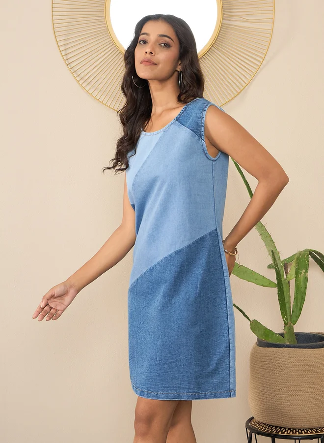 StyleStone StyleStone Sleeveless Denim Mini Dress with Patchwork Detail