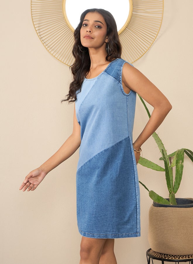 ستايل ستون فستان دنيم قصير بلا أكمام بتفاصيل مرقعة من ستايل ستون - Image 2