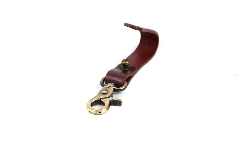 Trip Machine Company Genuine Leather Handcrafted Belt Loop Key Fob Holder | Key Chain | Key Ring with Metal & Leather Finish (Cherry Red with Antique Gold) - Image 3