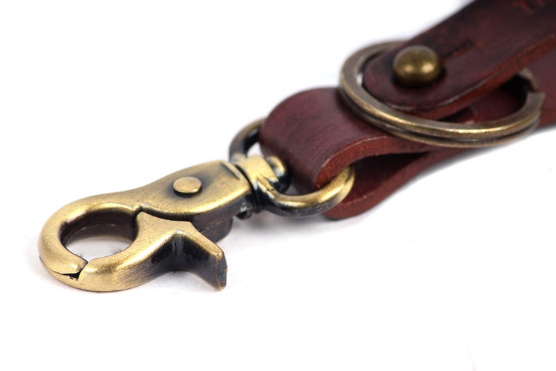 Trip Machine Company Genuine Leather Handcrafted Belt Loop Key Fob Holder | Key Chain | Key Ring with Metal & Leather Finish (Cherry Red with Antique Gold) - Image 2