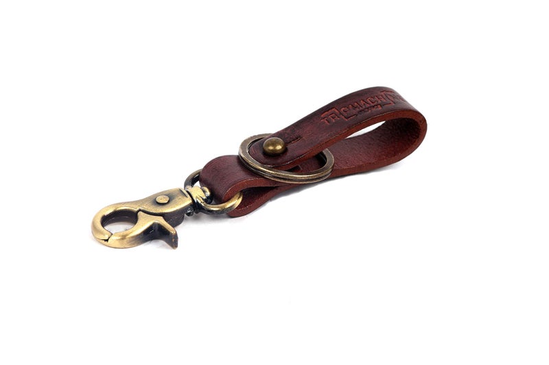 Trip Machine Company Genuine Leather Handcrafted Belt Loop Key Fob Holder | Key Chain | Key Ring with Metal & Leather Finish (Cherry Red with Antique Gold) - Image 4