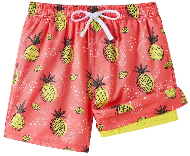 UMELOK Boys Swim Trunks Swimsuit Compression Liner Stretch Swim Shorts Boxer Brief 2 in 1 Quick Dry Swimming Trunks Beach Shorts Orange Pineapple 10/12 - Image 1