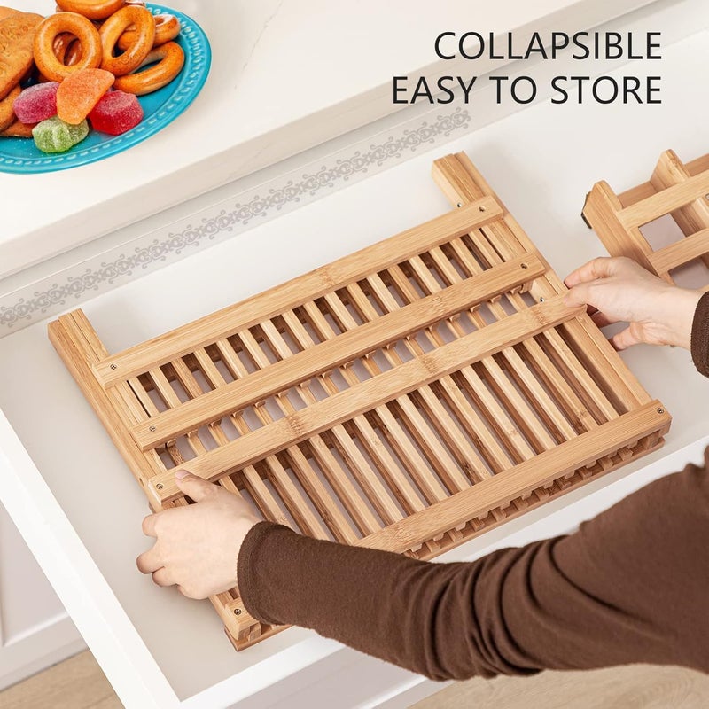 Exrp Dish Rack, Bamboo Folding 2-Tier Collapsible Drainer Dish Drying Rack with Utensils Flatware Holder Set (Dish Rack with Utensil Holder) - Image 4