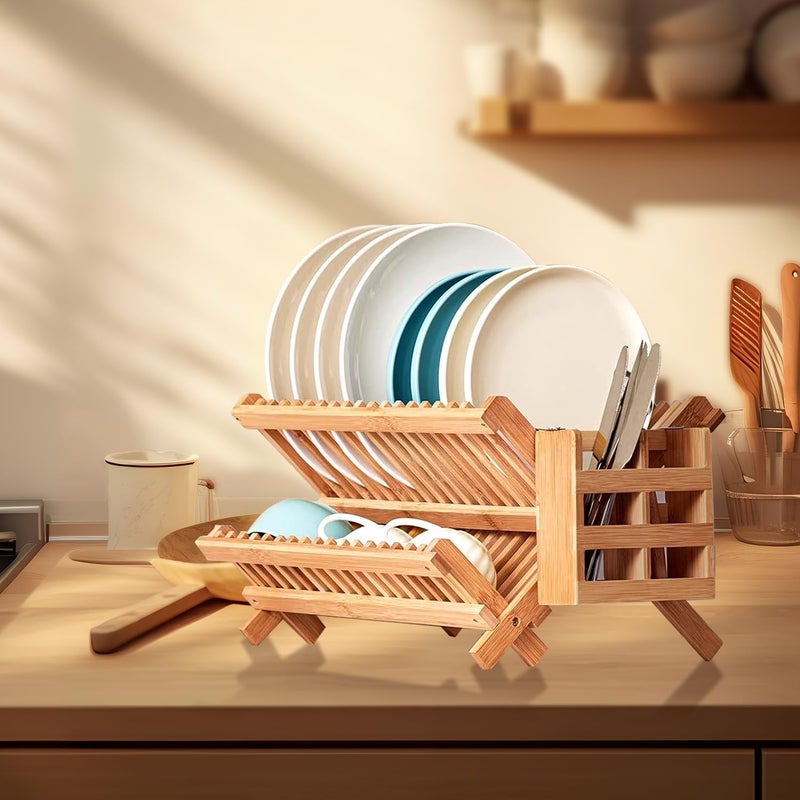 Exrp Dish Rack, Bamboo Folding 2-Tier Collapsible Drainer Dish Drying Rack with Utensils Flatware Holder Set (Dish Rack with Utensil Holder) - Image 5